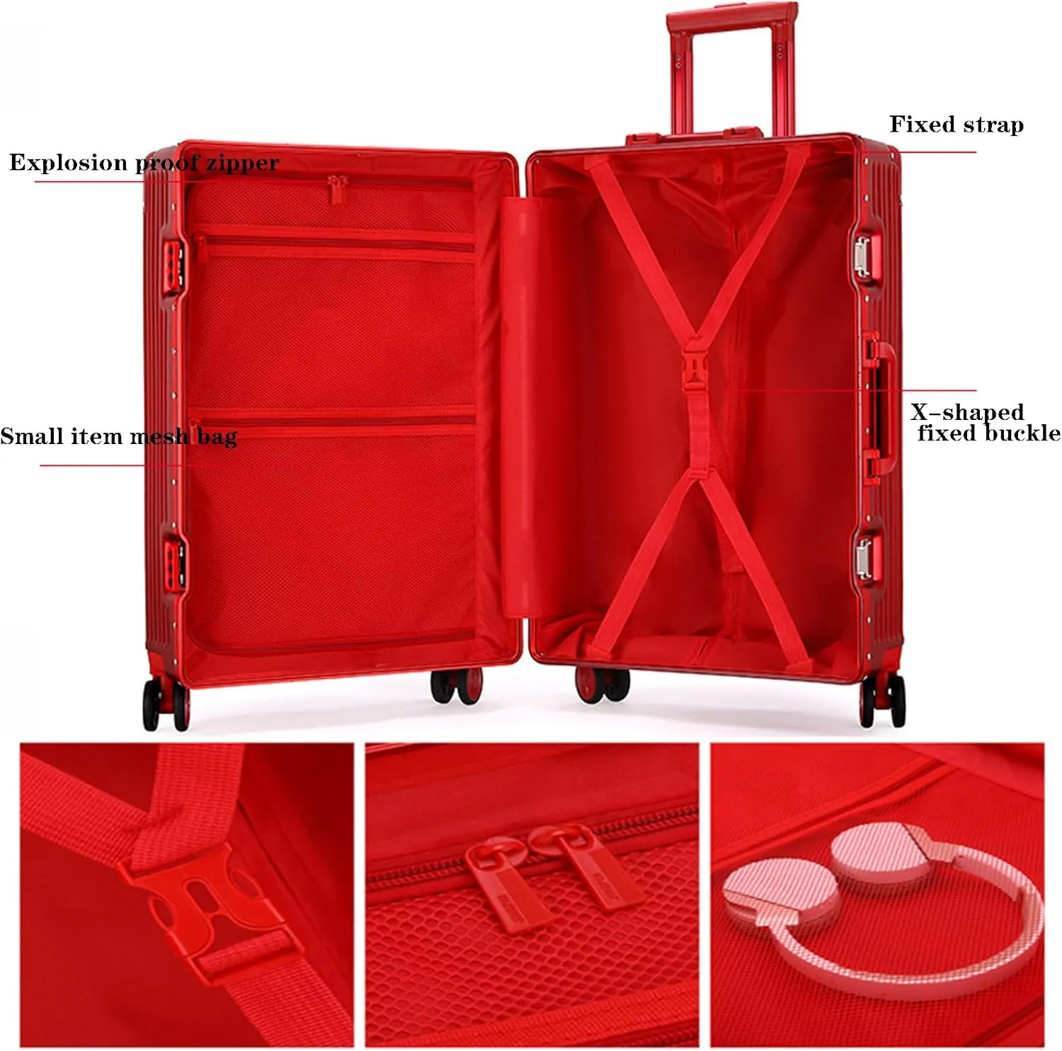 22in Aluminum Frame Carry-On Suitcase - Durable ABS PC with 4 Spinner Wheels, Blue Luggage for Travel(Red,22in)