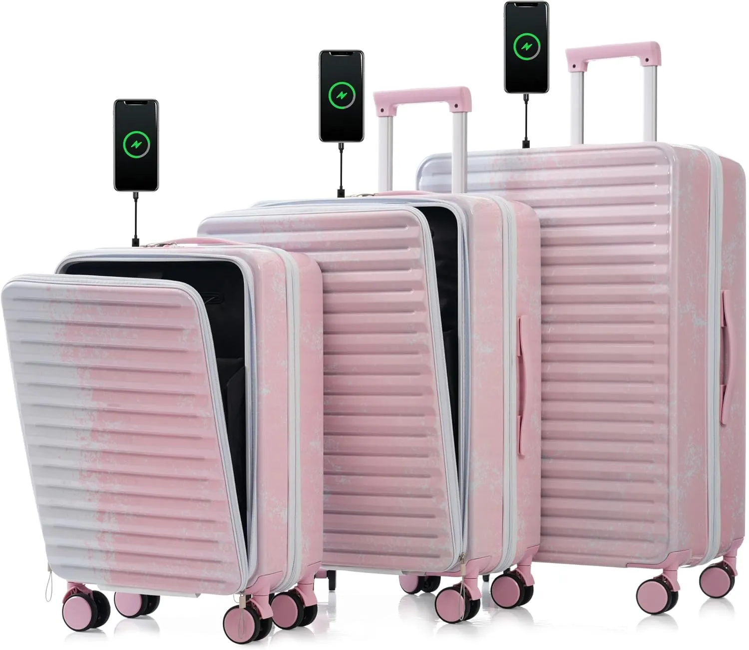 3-Piece Luggage Set with USB Interface and Front Pocket, Hard Shell Carry-On Bags, Gradient Pink