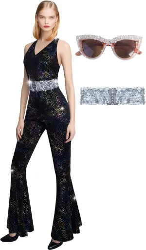 3Pcs Disco Outfit 70s 80s Disco Jumpsuit Costume with Sunglasses and Belt for Parties Halloween Cosplay