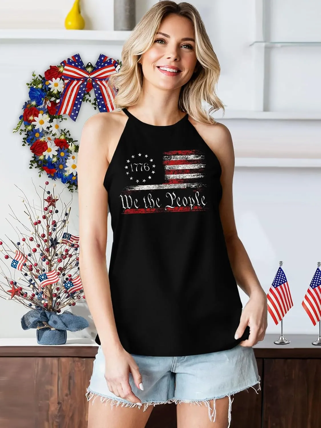 4th of July Tank Tops for Women American Flag Patriotic Halter Top Summer USA Independence Day Sleeveless Shirts