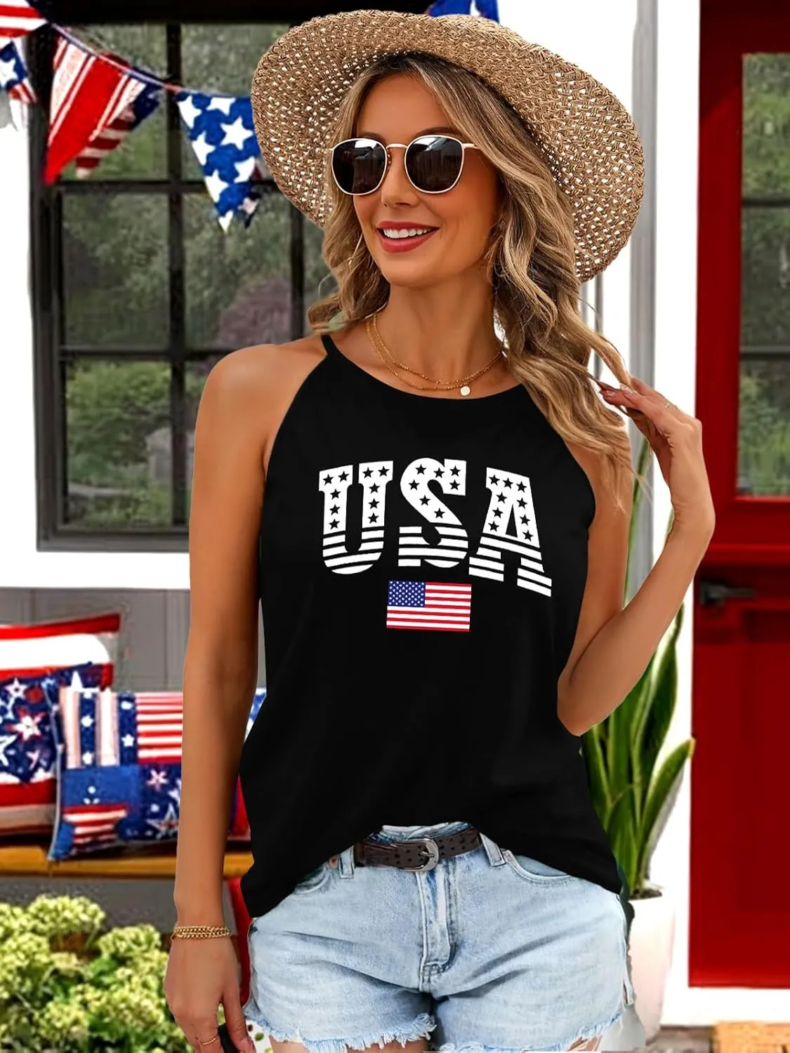 4th of July Tank Tops for Women American Flag Patriotic Halter Top Summer USA Independence Day Sleeveless Shirts