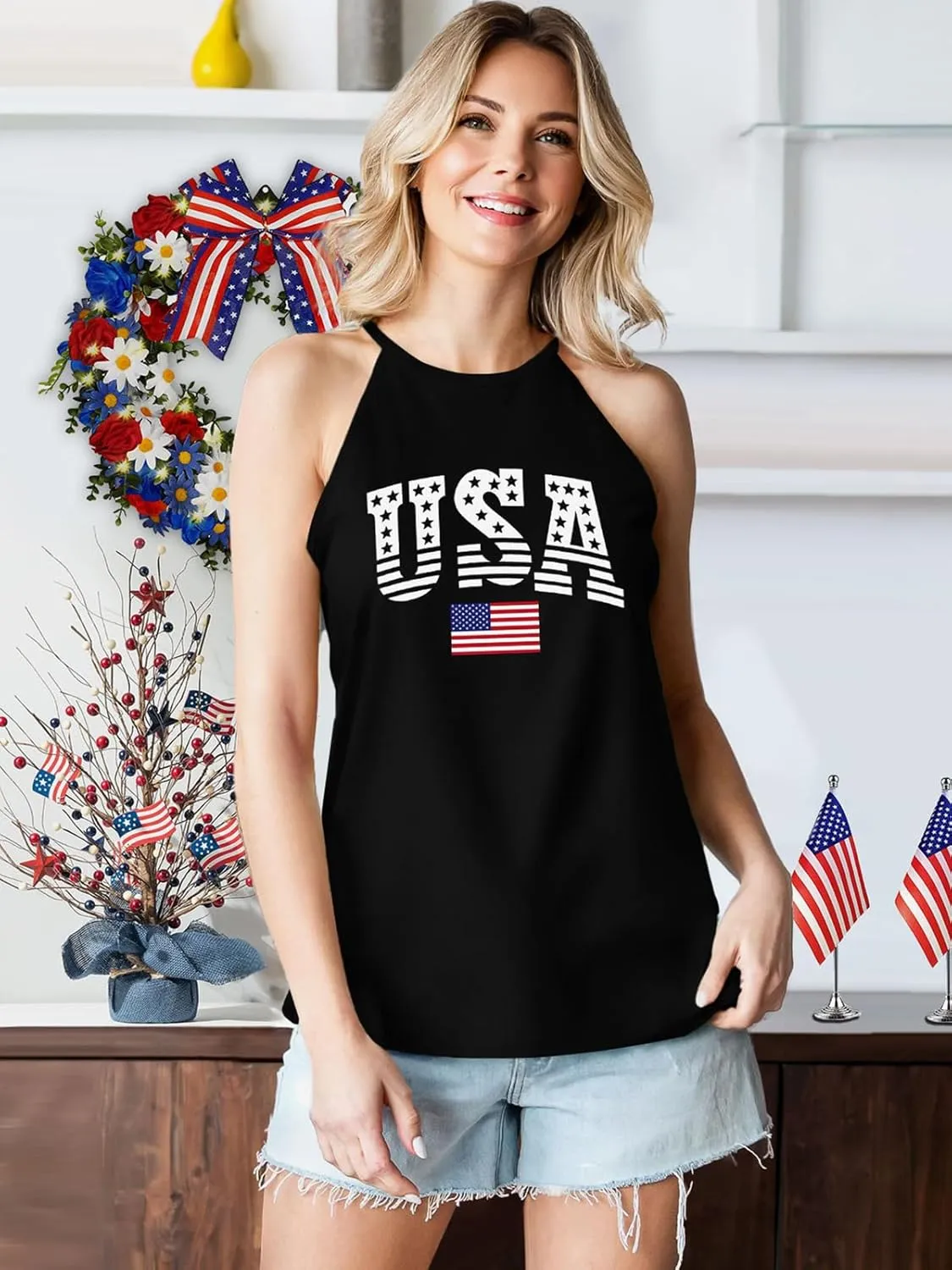 4th of July Tank Tops for Women American Flag Patriotic Halter Top Summer USA Independence Day Sleeveless Shirts