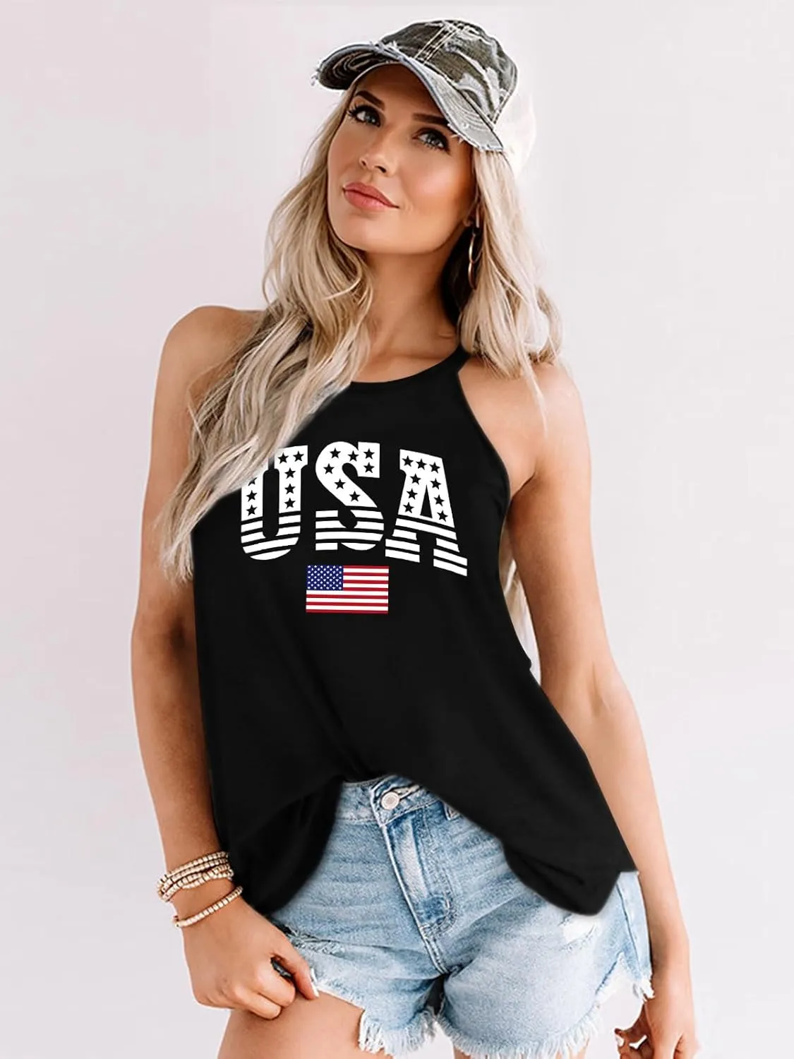 4th of July Tank Tops for Women American Flag Patriotic Halter Top Summer USA Independence Day Sleeveless Shirts