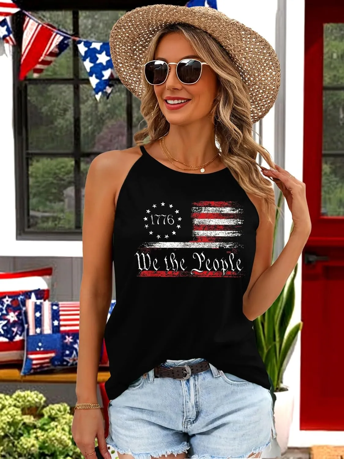 4th of July Tank Tops for Women American Flag Patriotic Halter Top Summer USA Independence Day Sleeveless Shirts