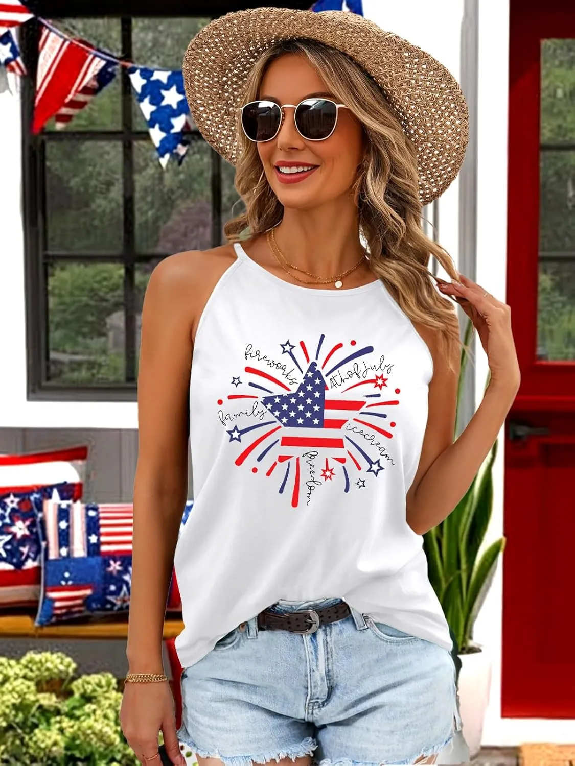 4th of July Tank Tops for Women American Flag Patriotic Halter Top Summer USA Independence Day Sleeveless Shirts