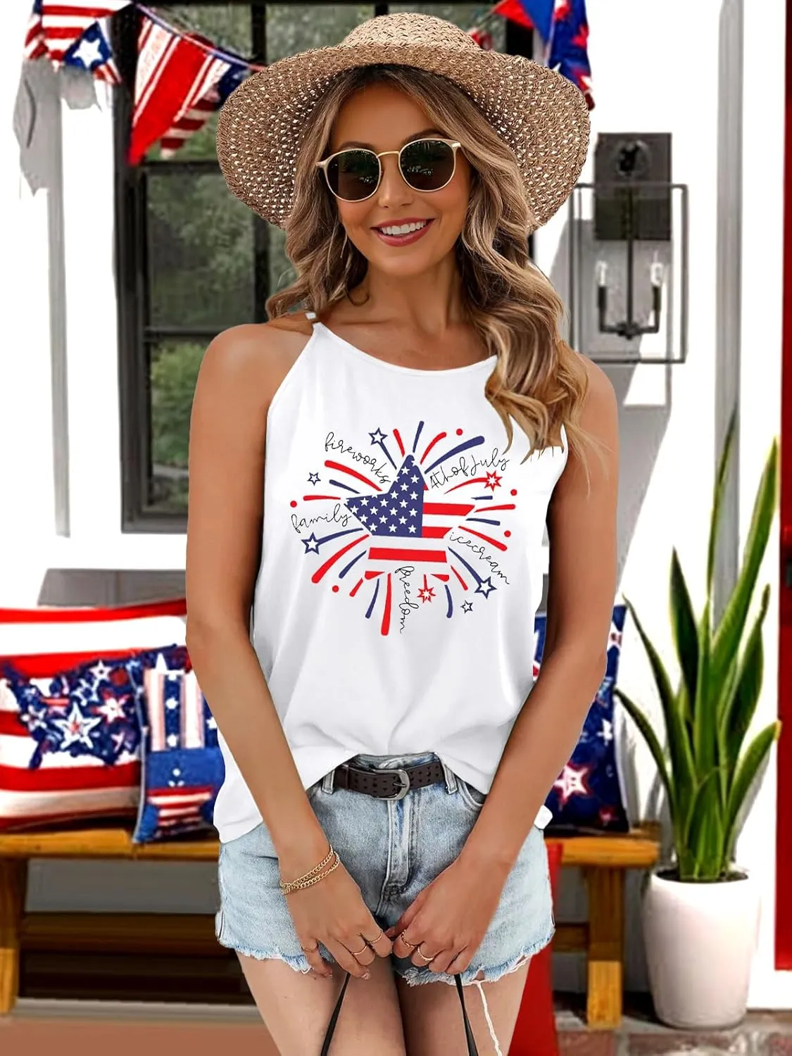 4th of July Tank Tops for Women American Flag Patriotic Halter Top Summer USA Independence Day Sleeveless Shirts