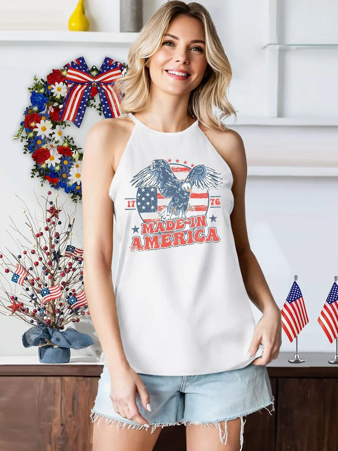 4th of July Tank Tops for Women American Flag Patriotic Halter Top Summer USA Independence Day Sleeveless Shirts