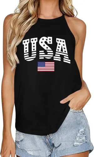 4th of July Tank Tops for Women American Flag Patriotic Halter Top Summer USA Independence Day Sleeveless Shirts