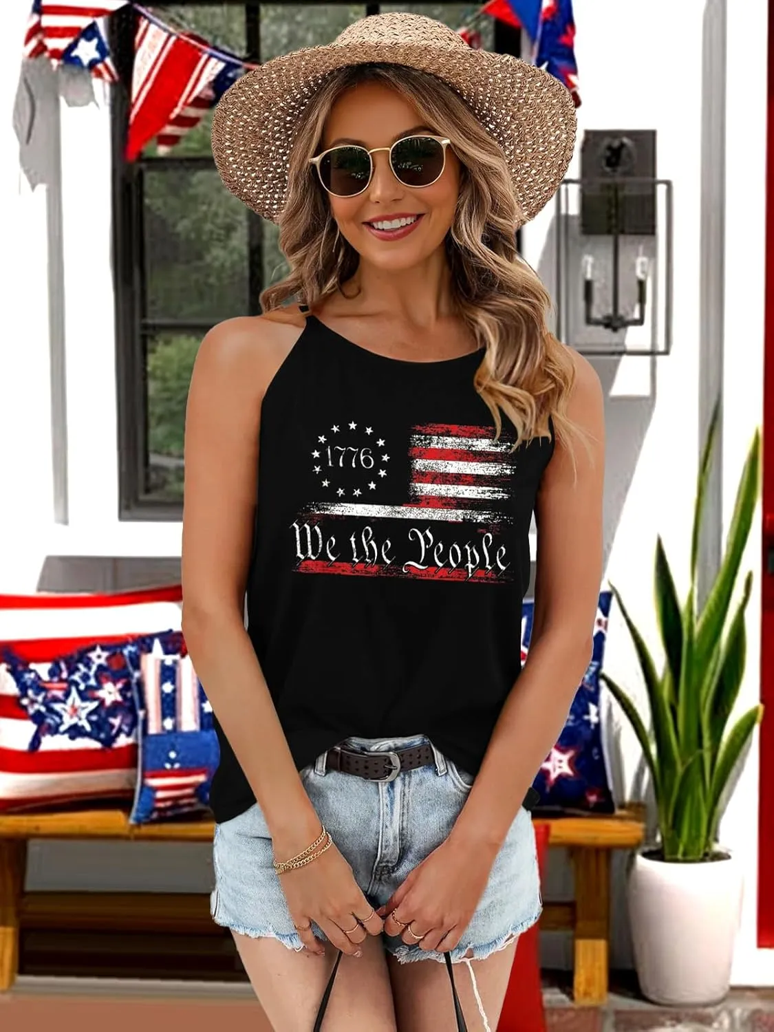 4th of July Tank Tops for Women American Flag Patriotic Halter Top Summer USA Independence Day Sleeveless Shirts