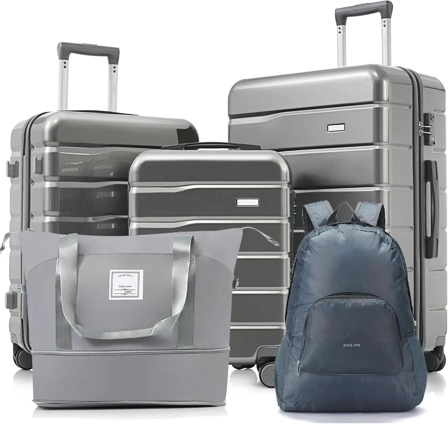 5 Piece Luggage Set - Carry On Suitcases with Expandable Duffel Bag & Backpack - 20/24/28 inch Spinner Wheels, TSA Lock - Grey
