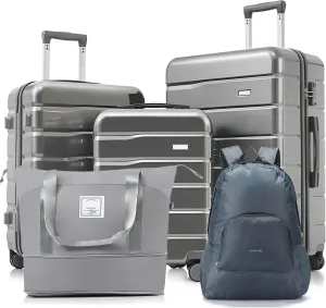 5 Piece Luggage Set - Carry On Suitcases with Expandable Duffel Bag & Backpack - 20/24/28 inch Spinner Wheels, TSA Lock - Grey