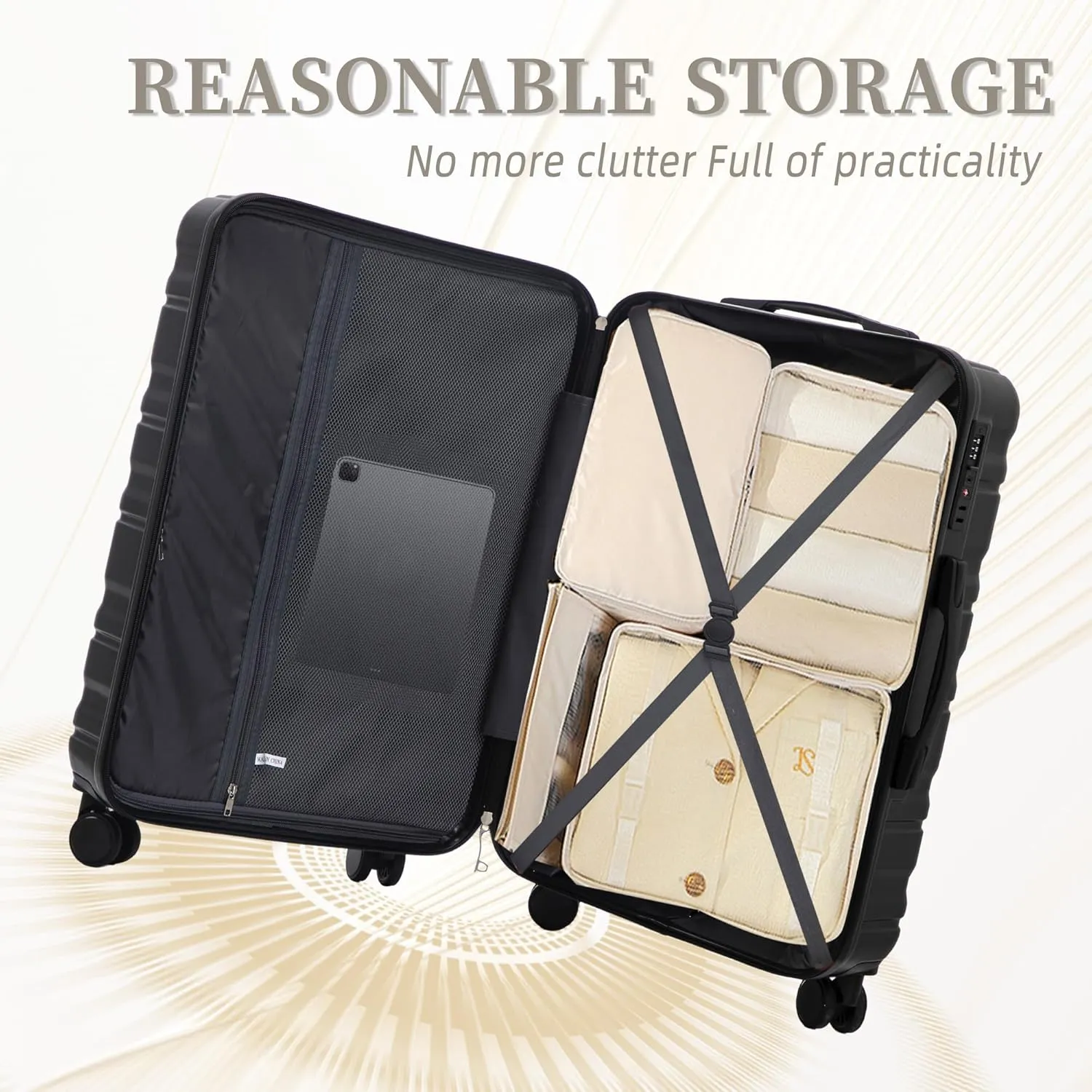 ABS Spinner Wheel Luggage - Carry-On Suitcase with TSA Lock, Durable & Waterproof, Large Capacity, Ergonomic Handle, Black