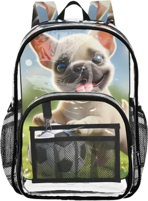 Adorable Bulldog Puppy Women Clear Backpack Cute Kids Backpack for Girls School Clear Plastic Bag Pvc