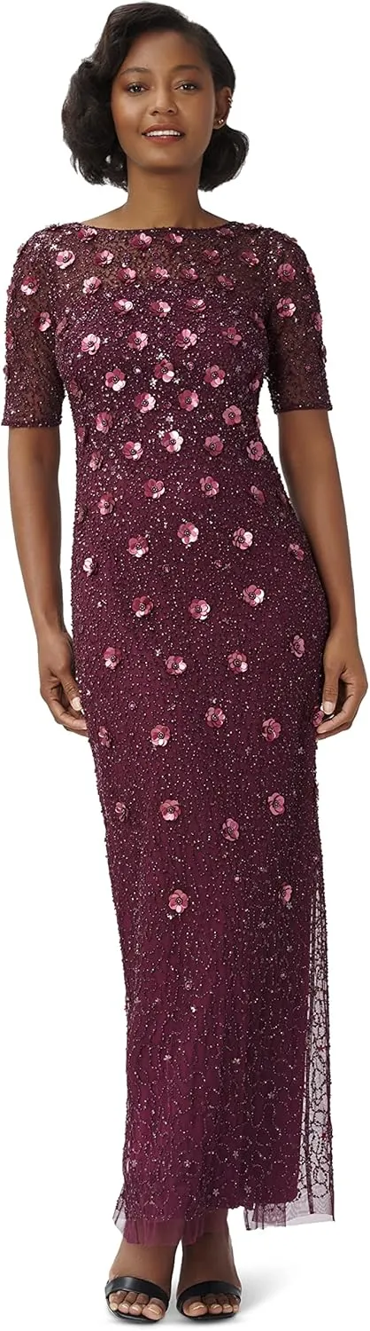 Adrianna Papell Women's Beaded Long 3D Floral Dress