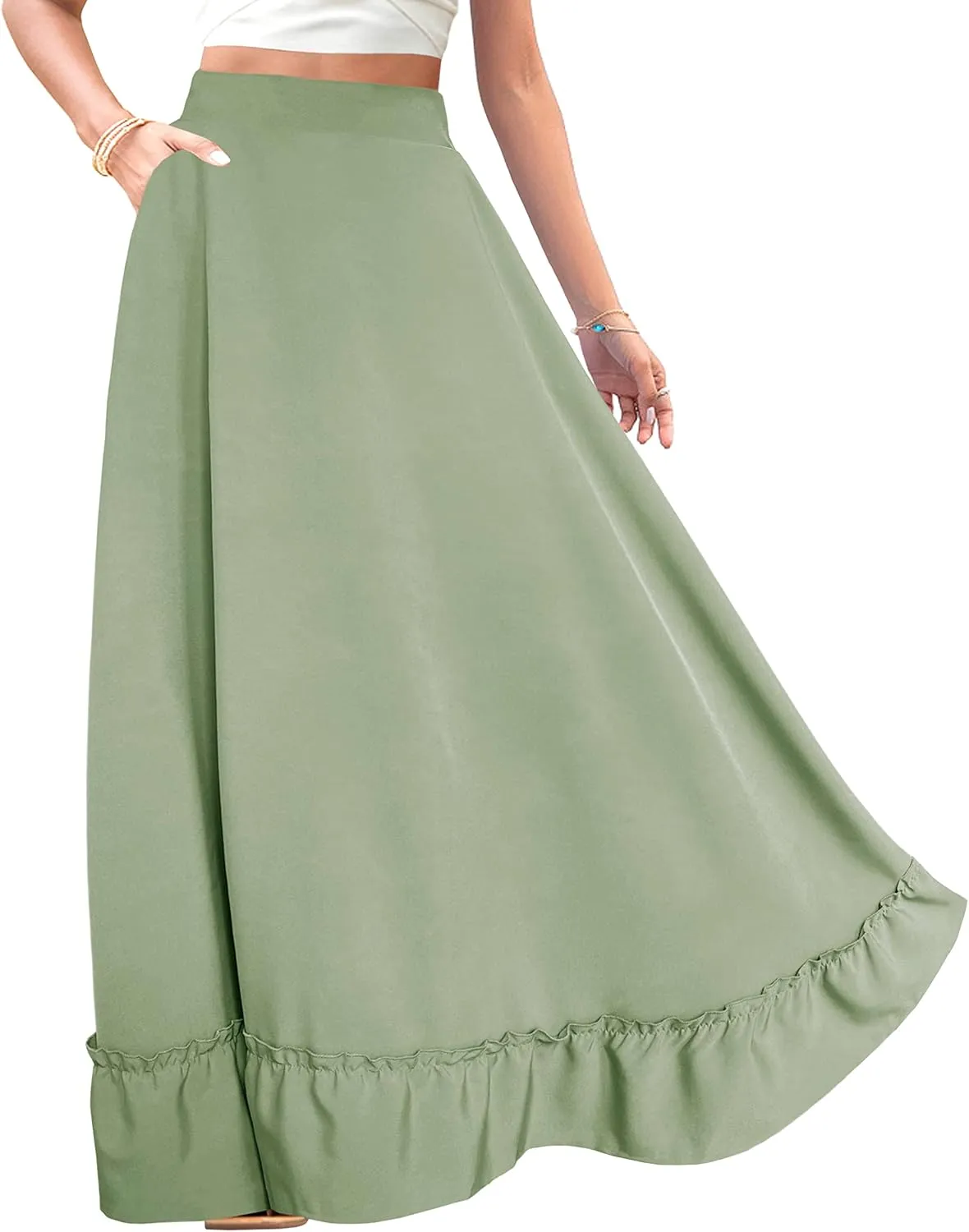 Afibi Women Plus Size Maxi Skirt Vintage High Waist Long Skirt with Pockets