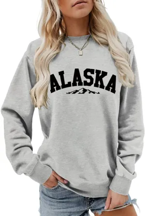 Alaska Sweatshirt Retro Mountain Graphic Shirt Vintage Alaska Sweater Women Casual Crewneck Long Sleeve Pullover Tops