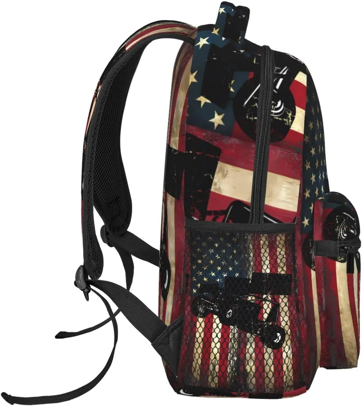 American Flag Sprint Car Dirt Track Racing Backpack Casual Pack Bag Laptop Backpack With Side Pocket Front Zipper Pocket Bookpack Travel Daypack Picnic Rucksack
