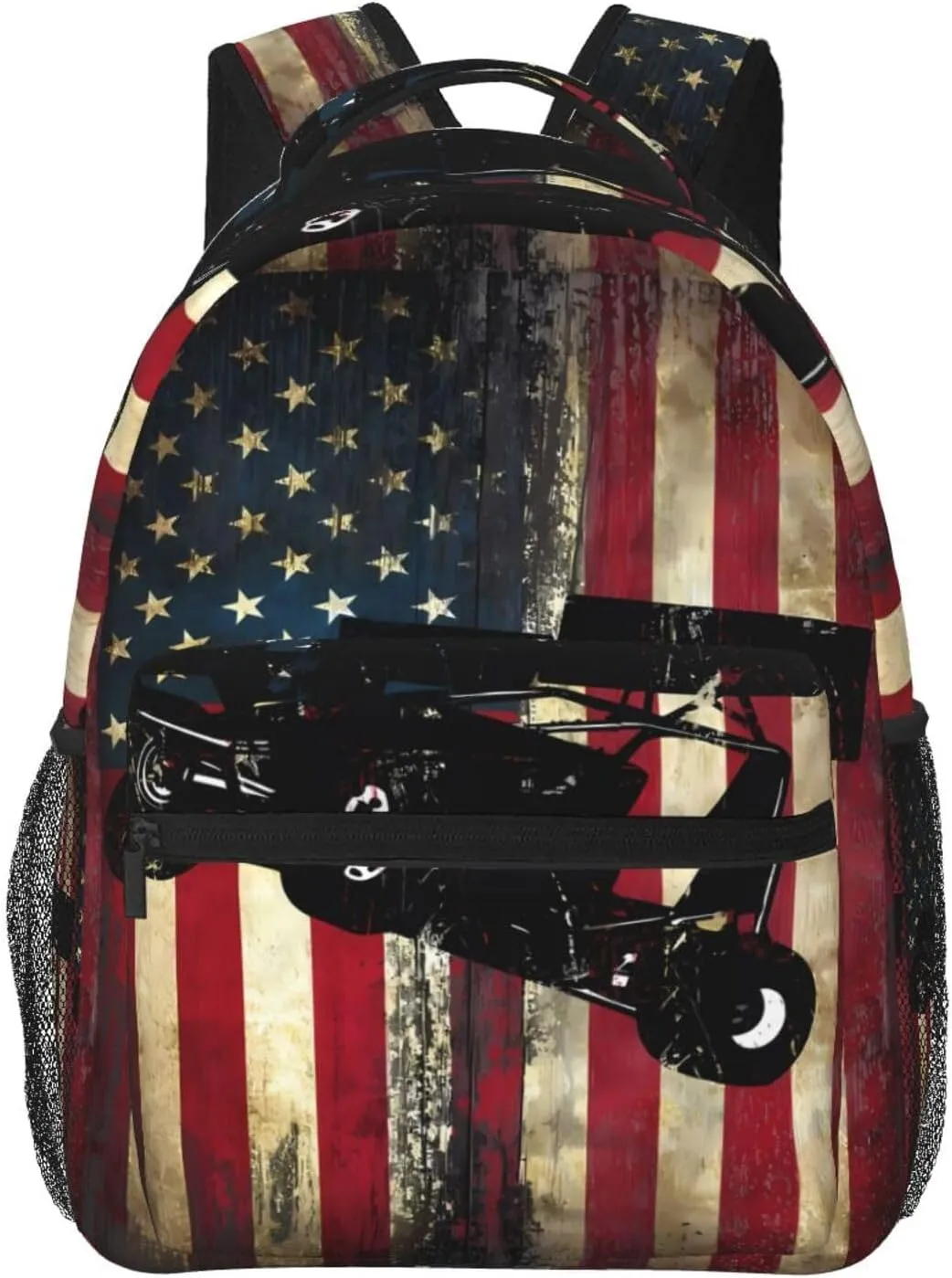 American Flag Sprint Car Dirt Track Racing Backpack Casual Pack Bag Laptop Backpack With Side Pocket Front Zipper Pocket Bookpack Travel Daypack Picnic Rucksack