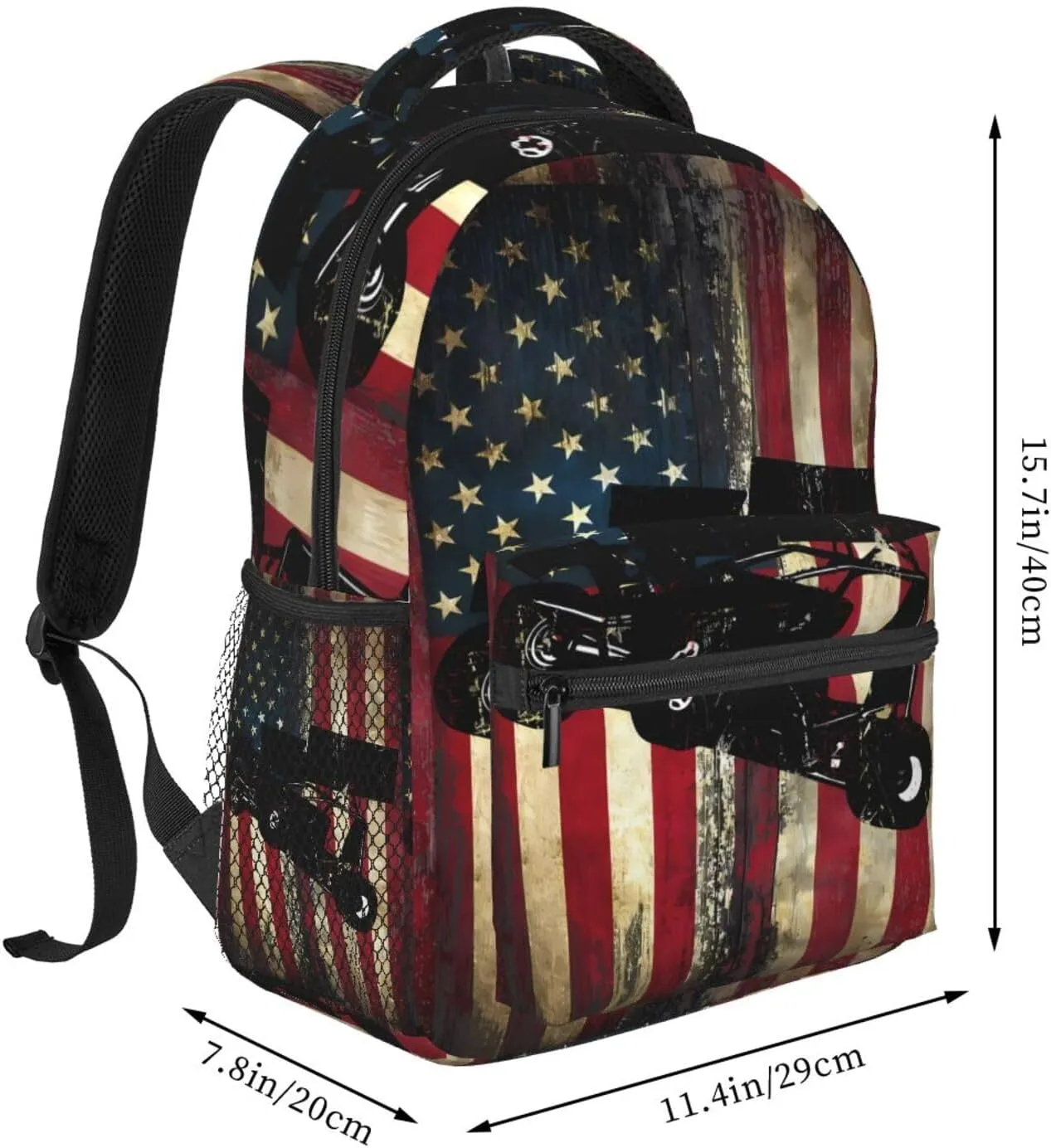 American Flag Sprint Car Dirt Track Racing Backpack Casual Pack Bag Laptop Backpack With Side Pocket Front Zipper Pocket Bookpack Travel Daypack Picnic Rucksack