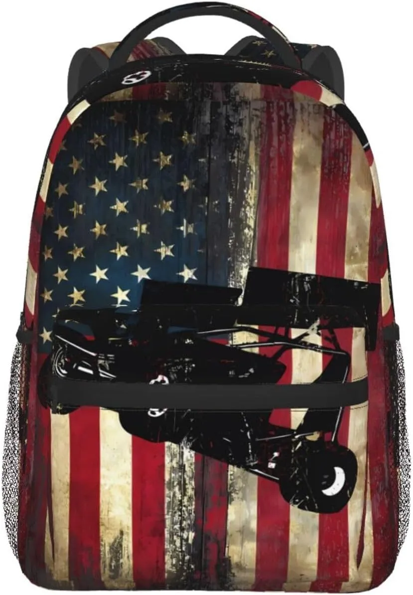 American Flag Sprint Car Dirt Track Racing Backpack Casual Pack Bag Laptop Backpack With Side Pocket Front Zipper Pocket Bookpack Travel Daypack Picnic Rucksack