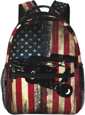 American Flag Sprint Car Dirt Track Racing Backpack Casual Pack Bag Laptop Backpack With Side Pocket Front Zipper Pocket Bookpack Travel Daypack Picnic Rucksack