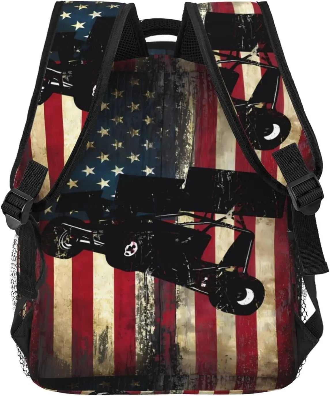 American Flag Sprint Car Dirt Track Racing Backpack Casual Pack Bag Laptop Backpack With Side Pocket Front Zipper Pocket Bookpack Travel Daypack Picnic Rucksack