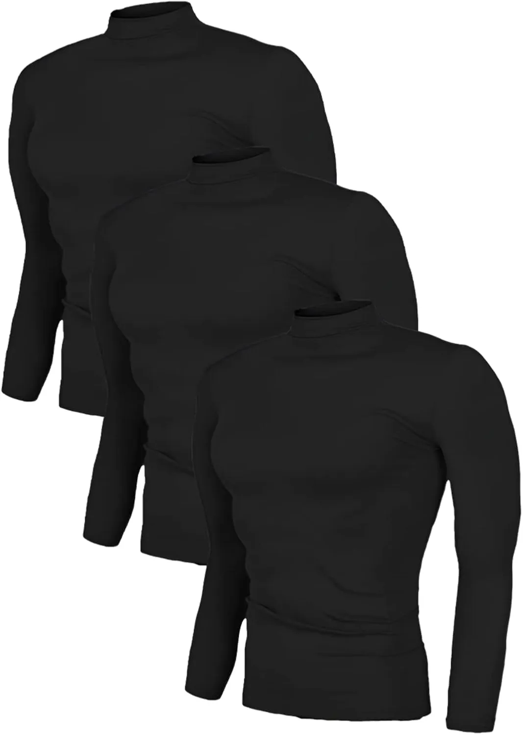 ANUFER Mens 3 Pack Long Sleeve Compression Shirts - Sports Running Base Layer Tops - Thermal Mock Neck Undershirts