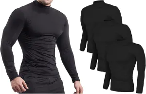 ANUFER Mens 3 Pack Long Sleeve Compression Shirts - Sports Running Base Layer Tops - Thermal Mock Neck Undershirts