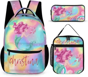 Artsadd Custom Backpack with Name Personalized Mermaid Name Backpack Travel Laptop Backpack 3 Piece Backpack Set