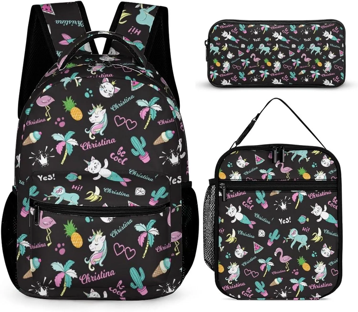 Artsadd Custom Backpack with Name Personalized Your Black Backpack Travel Laptop Backpack 3 Piece Backpack Set