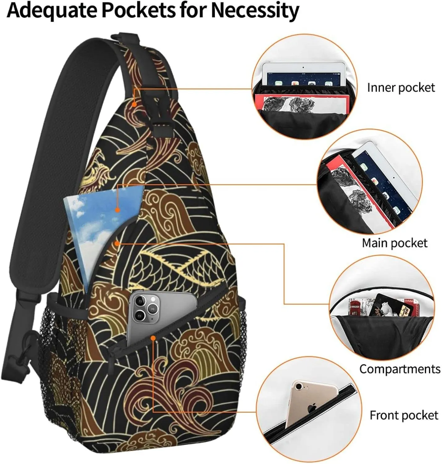 ASYG Dragon Pattern Sling Bag Crossbody Chest Daypack Casual Backpack Cool Shoulder Bag For Travel Hiking Sport Gym