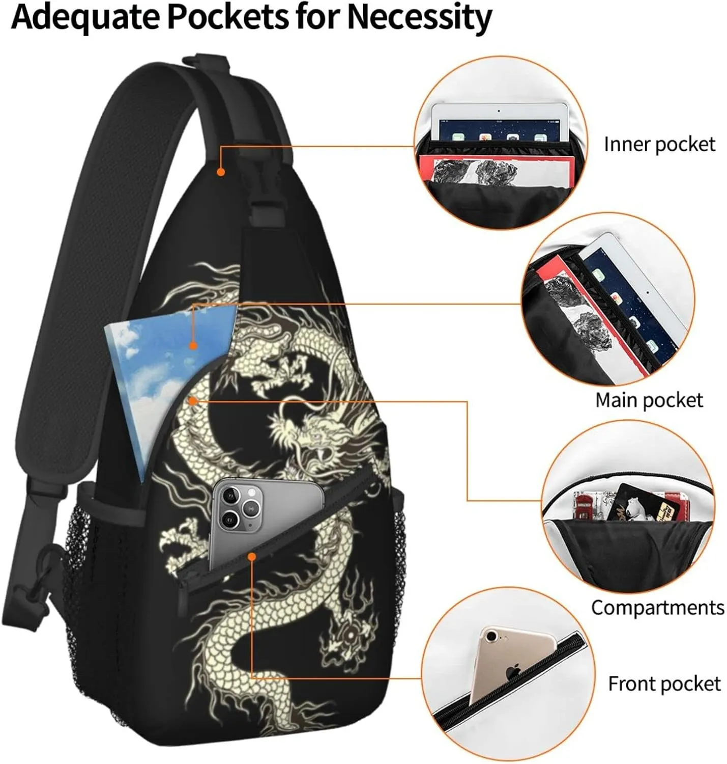 ASYG Dragon Pattern Sling Bag Crossbody Chest Daypack Casual Backpack Cool Shoulder Bag For Travel Hiking Sport Gym