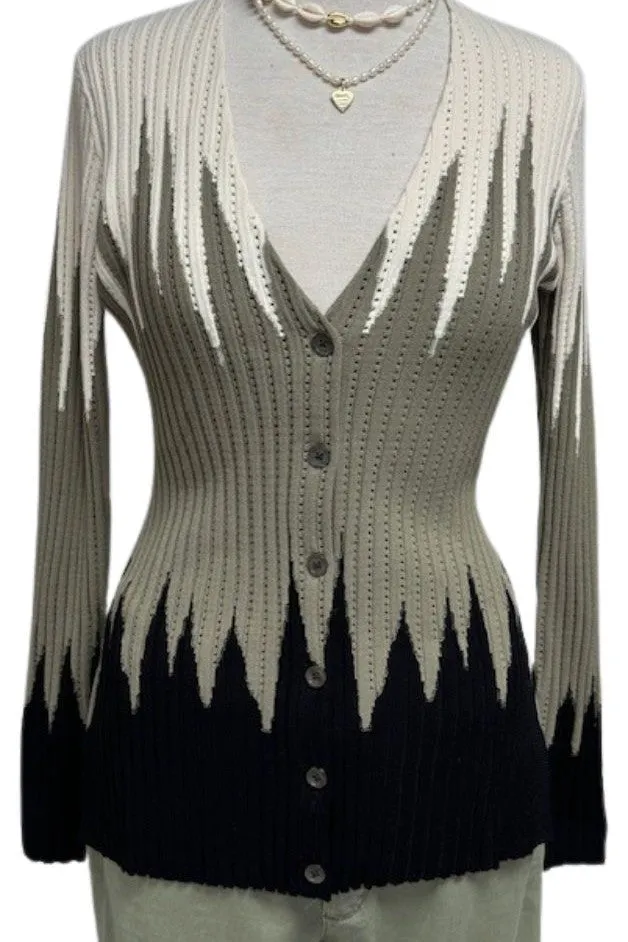 Autumn Cashmere - Zig Zag Stitch V Neck Cardigan - Khaki