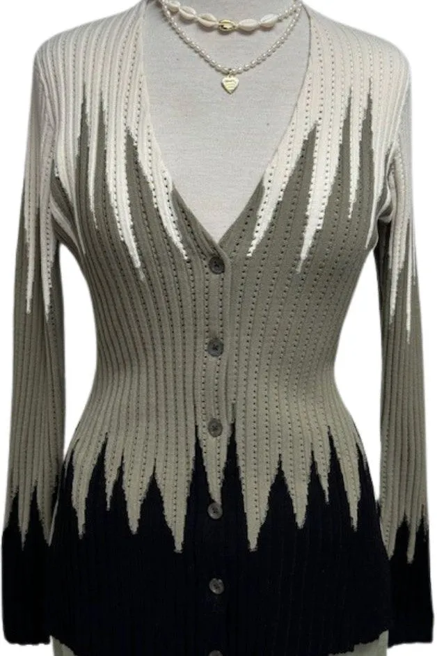 Autumn Cashmere - Zig Zag Stitch V Neck Cardigan - Khaki