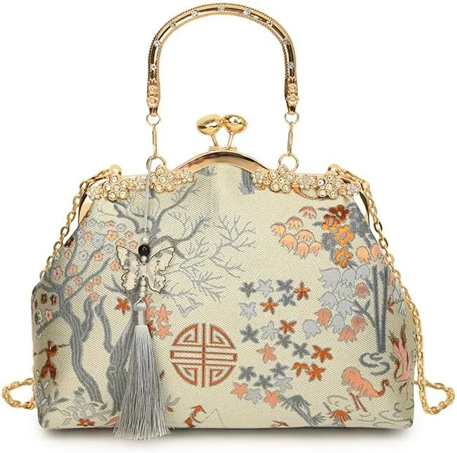 Bag Women's Cheongsam Hanfu Crossbody Handbag Bag Jacquard Bronzing Plum Blossom Begonia Heavy Industry Gold Handmade