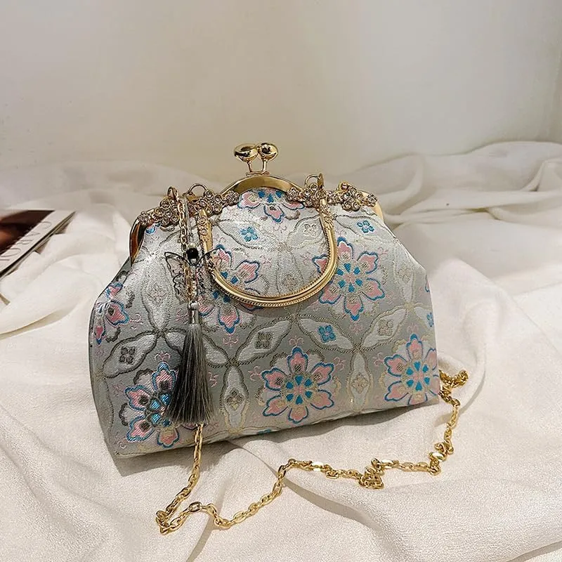Bag Women's Cheongsam Hanfu Crossbody Handbag Bag Jacquard Bronzing Plum Blossom Begonia Heavy Industry Gold Handmade