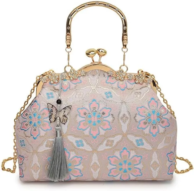 Bag Women's Cheongsam Hanfu Crossbody Handbag Bag Jacquard Bronzing Plum Blossom Begonia Heavy Industry Gold Handmade