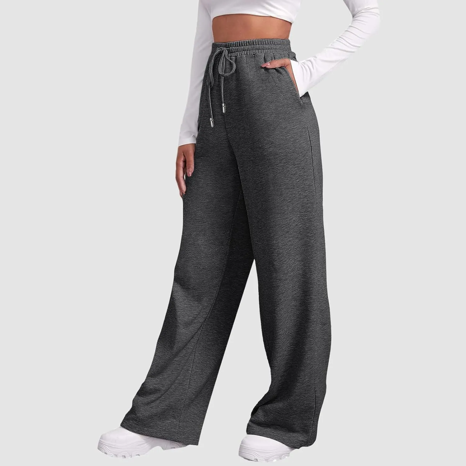 Baggy Sweatpants for Women Elastic High Waist Drawstring Straight Wide Leg Lounge Pants Open Bottom Athletic Joggers Trousers