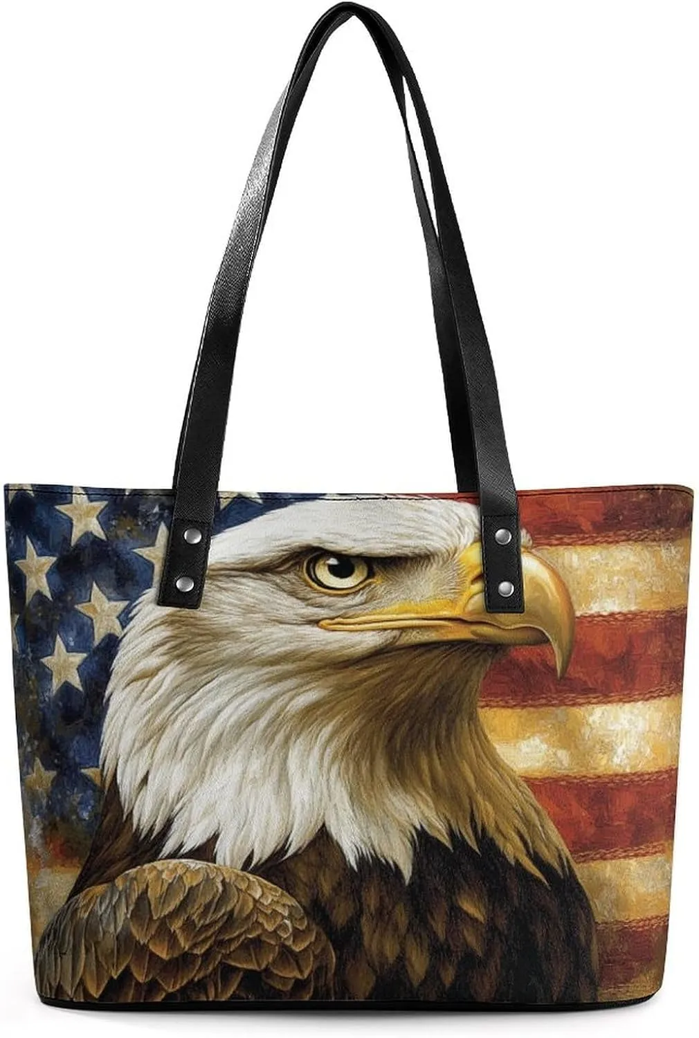 Bald Eagle with American Flag Women Soft Leather Handbags Tote Purses Shoulder Bucket Bags