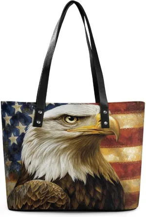 Bald Eagle with American Flag Women Soft Leather Handbags Tote Purses Shoulder Bucket Bags