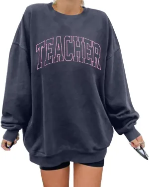 BANGELY Teacher Sweatshirt Women Oversized Retro Teach Crewneck Shirt Embroidery Teacher Life Pullover Long Sleeve Tops