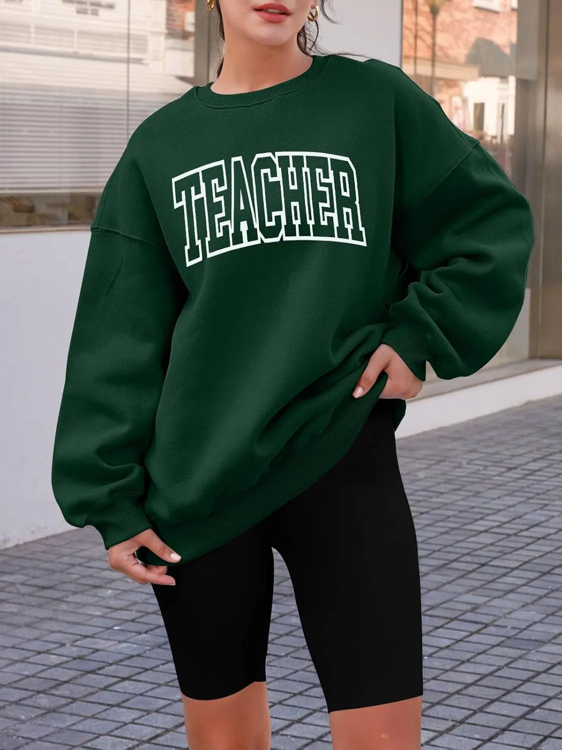 BANGELY Teacher Sweatshirt Women Oversized Retro Teach Crewneck Shirt Embroidery Teacher Life Pullover Long Sleeve Tops