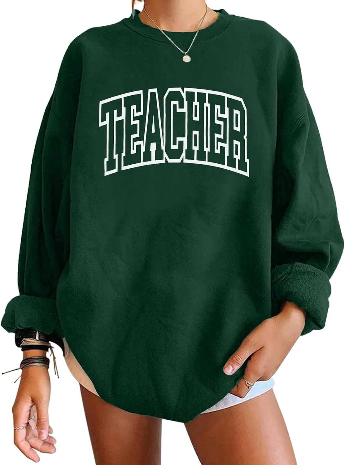 BANGELY Teacher Sweatshirt Women Oversized Retro Teach Crewneck Shirt Embroidery Teacher Life Pullover Long Sleeve Tops