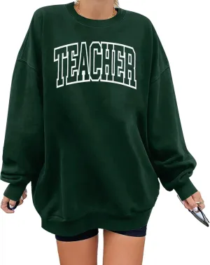 BANGELY Teacher Sweatshirt Women Oversized Retro Teach Crewneck Shirt Embroidery Teacher Life Pullover Long Sleeve Tops