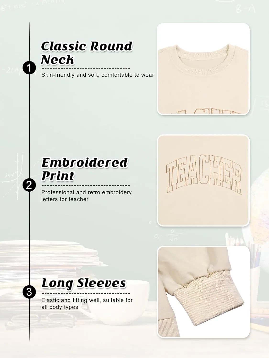 BANGELY Teacher Sweatshirt Women Oversized Retro Teach Crewneck Shirt Embroidery Teacher Life Pullover Long Sleeve Tops