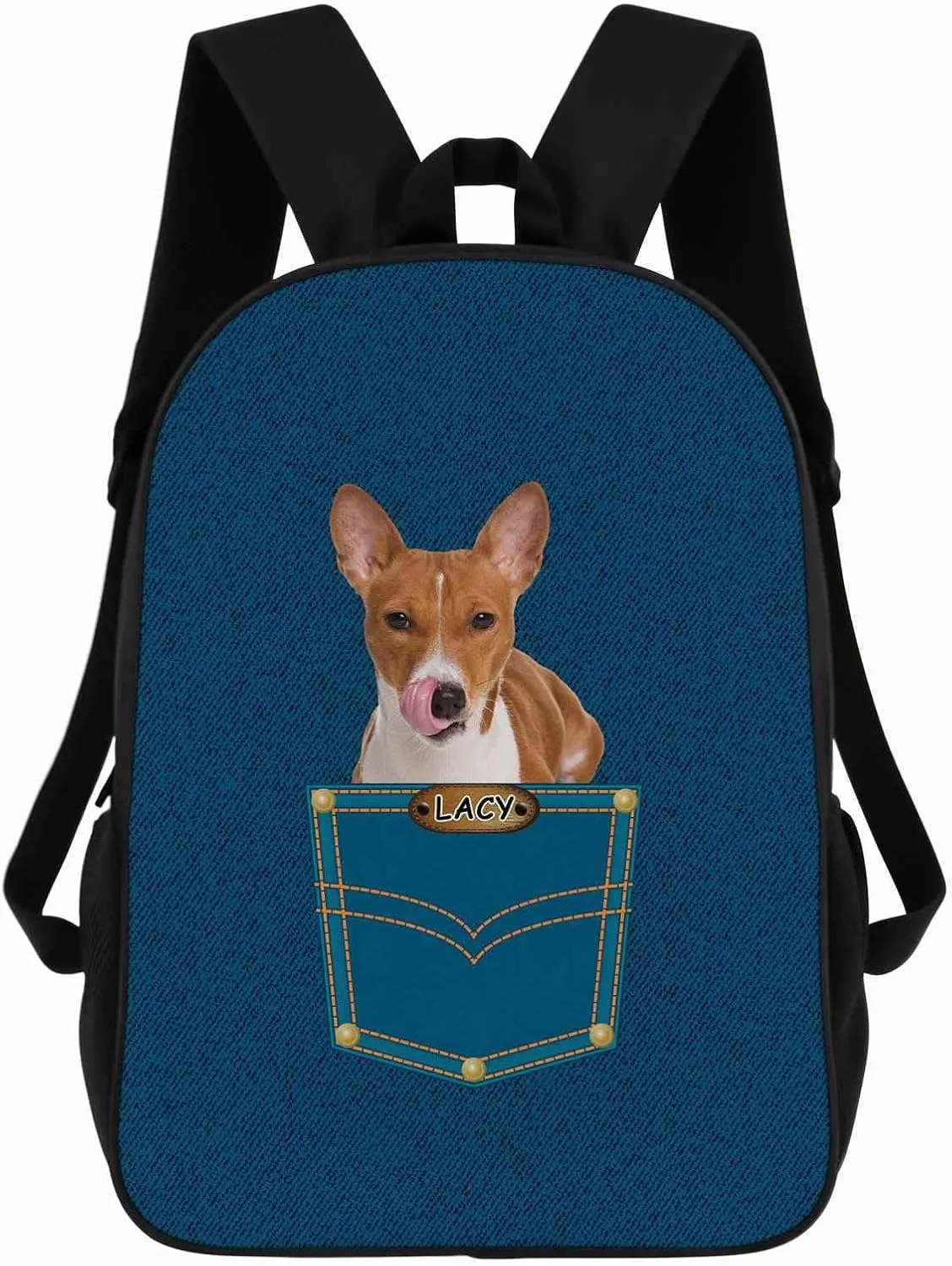 Basenji Backpack Bookbag Custom Blue Jeans Print Daypack Laptop Bag for Work Travel Hiking 17 Inch Lightweight Style 2
