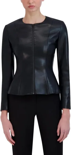 BCBGMAXAZRIA Women's Faux Leather Peplum Jacket Long Sleeve Crew Neck Front Zip Coat