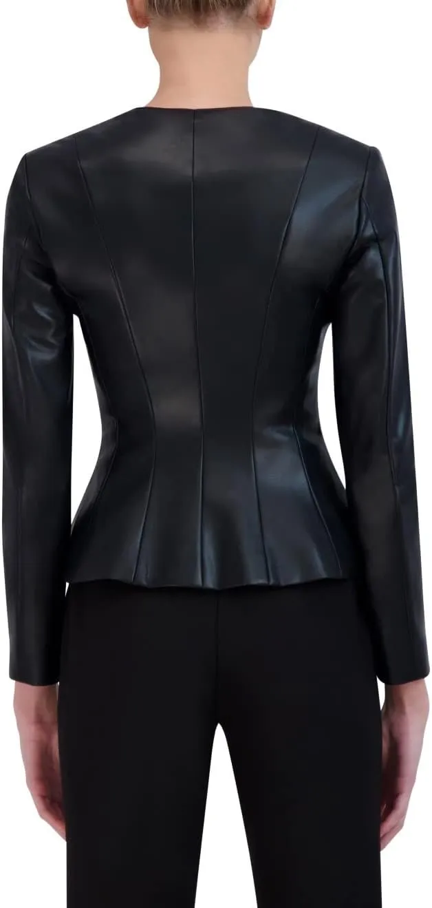 BCBGMAXAZRIA Women's Faux Leather Peplum Jacket Long Sleeve Crew Neck Front Zip Coat