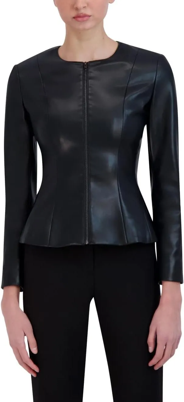 BCBGMAXAZRIA Women's Faux Leather Peplum Jacket Long Sleeve Crew Neck Front Zip Coat
