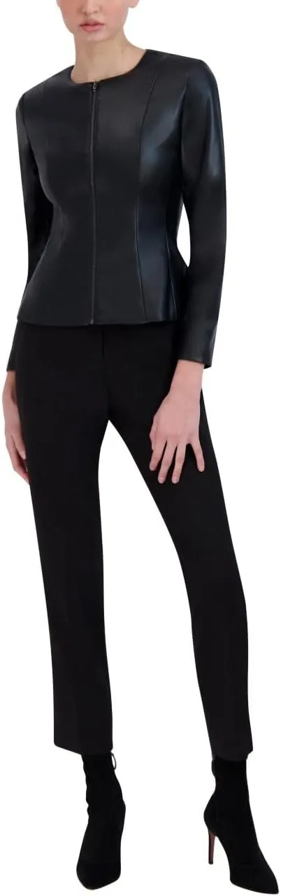 BCBGMAXAZRIA Women's Faux Leather Peplum Jacket Long Sleeve Crew Neck Front Zip Coat